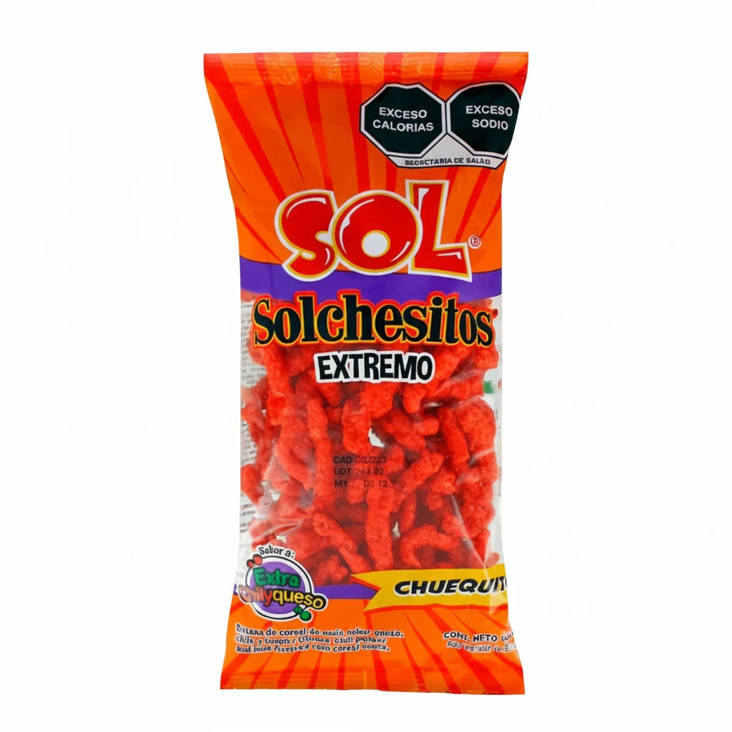 Mitoteland — Solchesitos by Botanas Sol — Mexican chile and cheese corn puffs. Crunchy, cheesy, mildly spicy snack in a 100g bag.